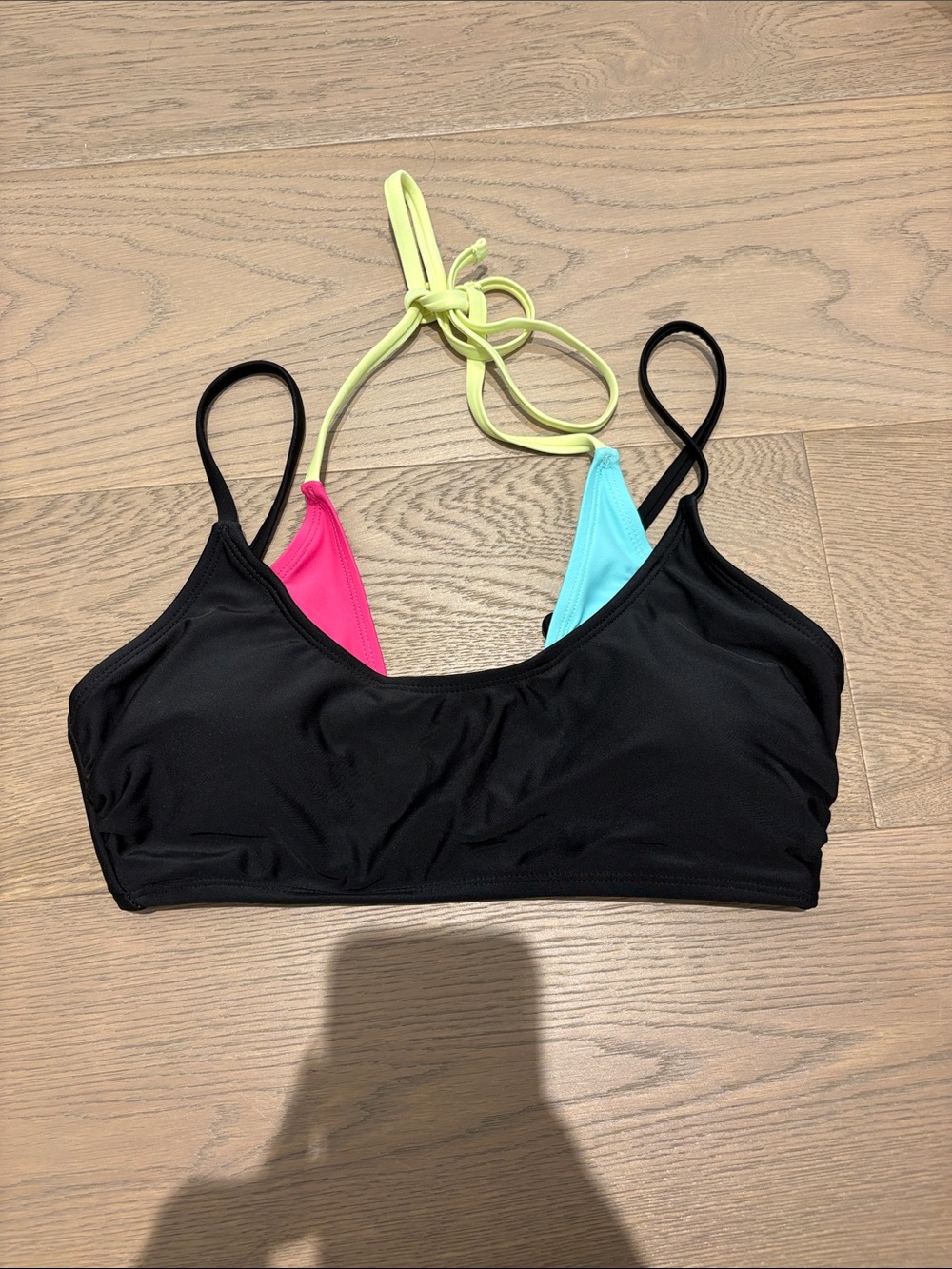 Black Double Layer Bikini Top with Neon Pink, Aqua & Lime Accents Size M